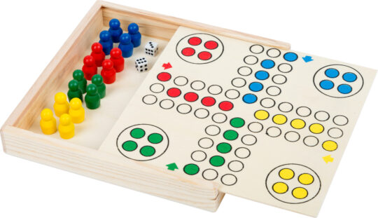 Dit houten spelletje geeft gegarandeerd uren speelplezier. speel samen mens erger je niet of te wel Ludo.