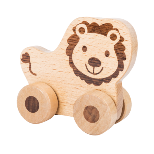 Houten dier op wielen. Natuurlijk houten speelgoed om mee te spelen! De Leeuw traint de motoriek en bewegingsvaardigheden van jonge kinderen.