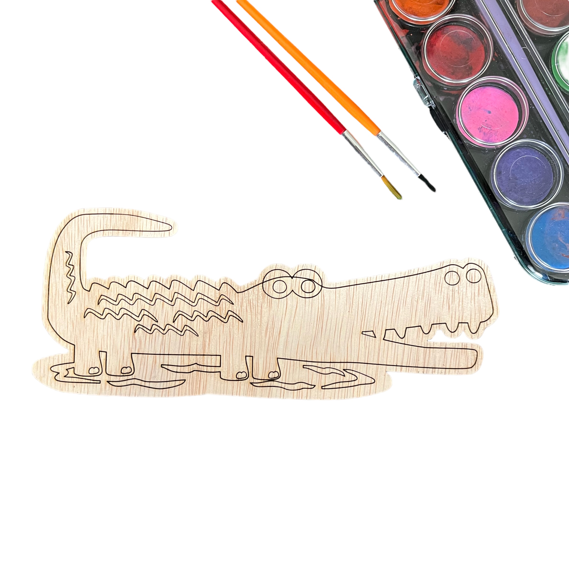 Krokodil van hout om te verven of kleuren met stiften. Leuk voor jong oud